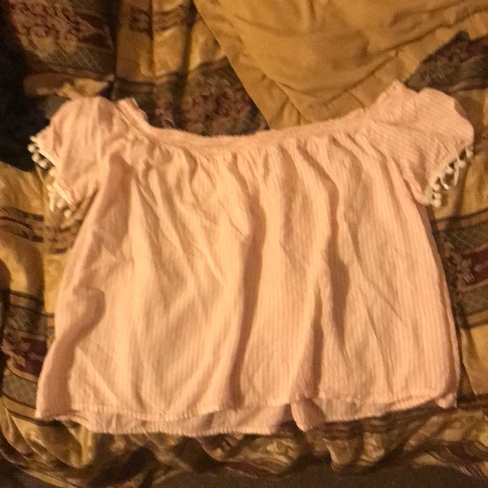 Pink and white stripe off the shoulder